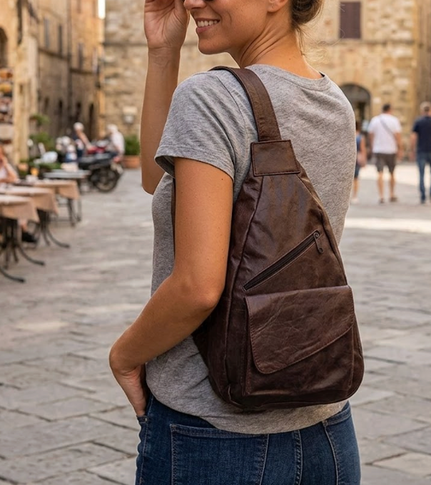 Leather Sling Backpack Diagonal Zip Travel Bag - Brown