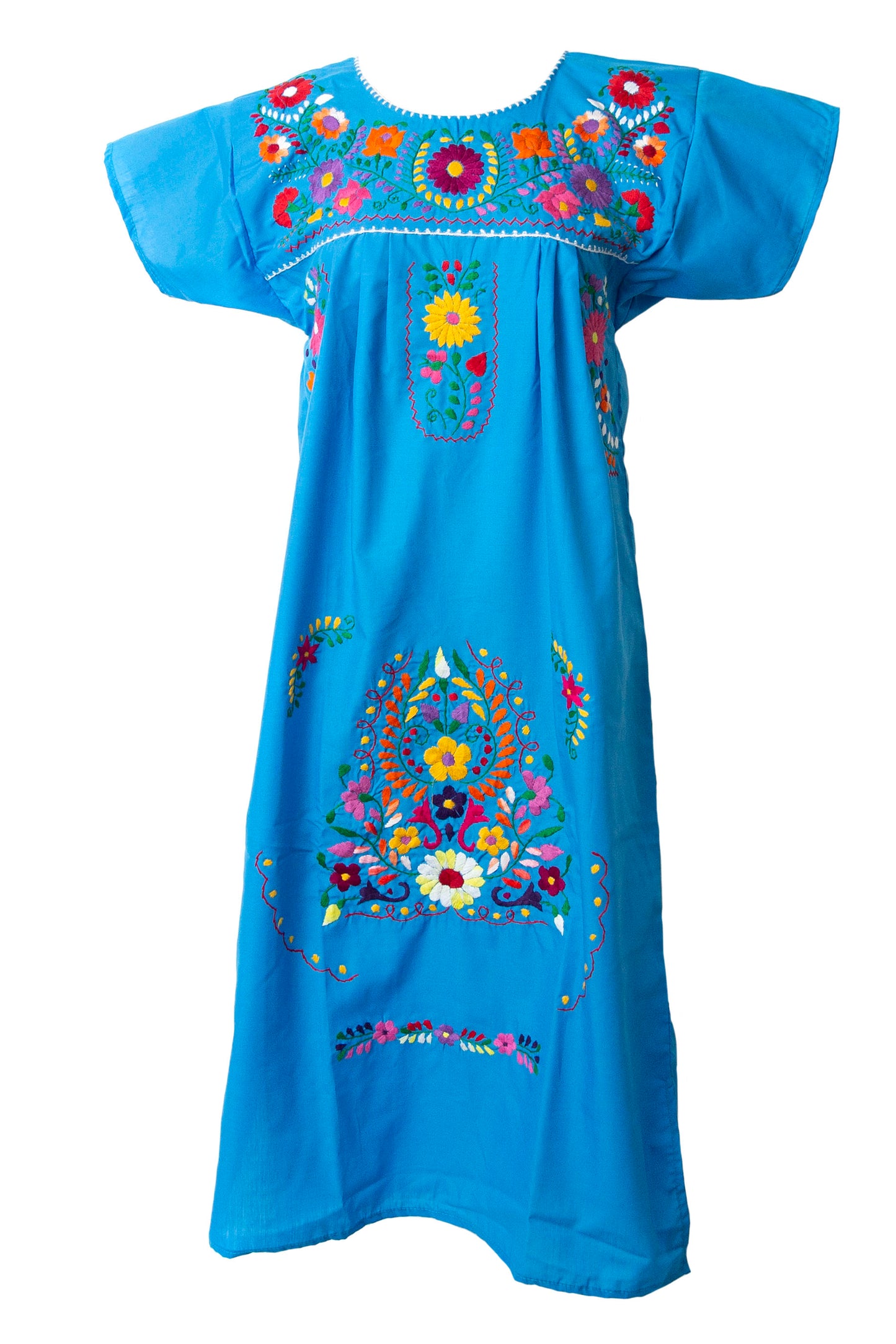 Mexican Embroidered Pueblo Dress - Turquoise