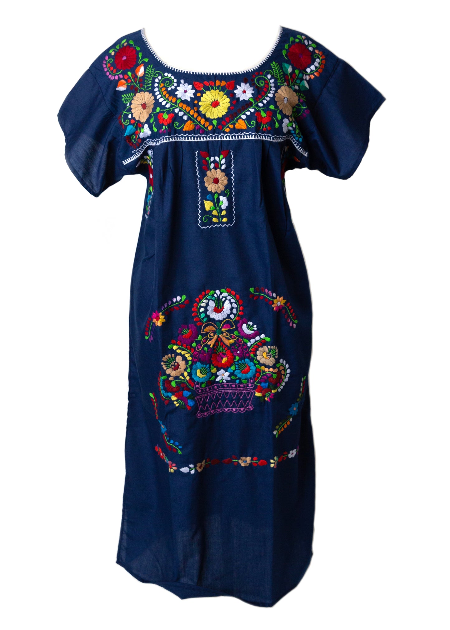 Mexican Embroidered Pueblo Dress - Navy Blue