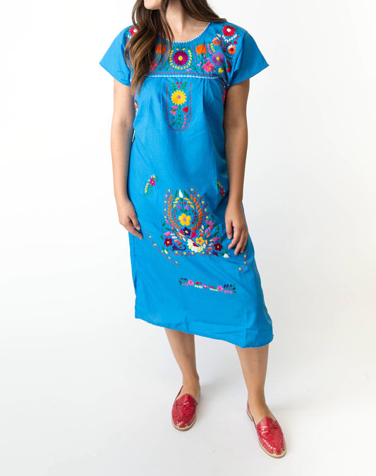 Women's Mexican embroidered resort dress with colorful floral stitching
