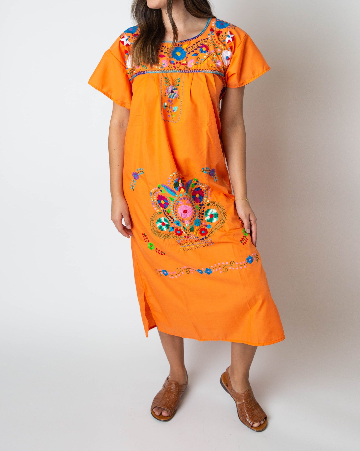 Front view of women's boho Mexican dress with hand embroidery