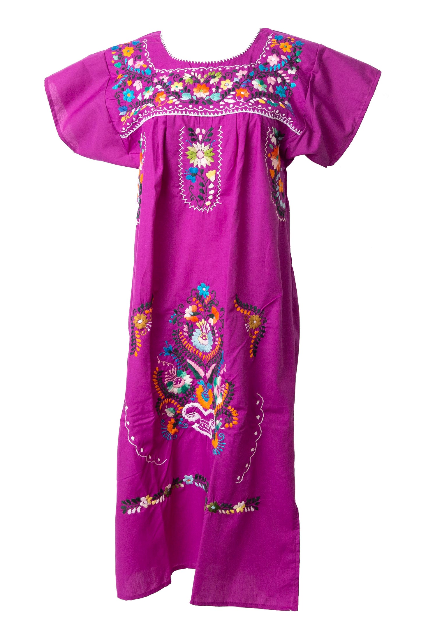 Mexican Embroidered Pueblo Dress - Magenta