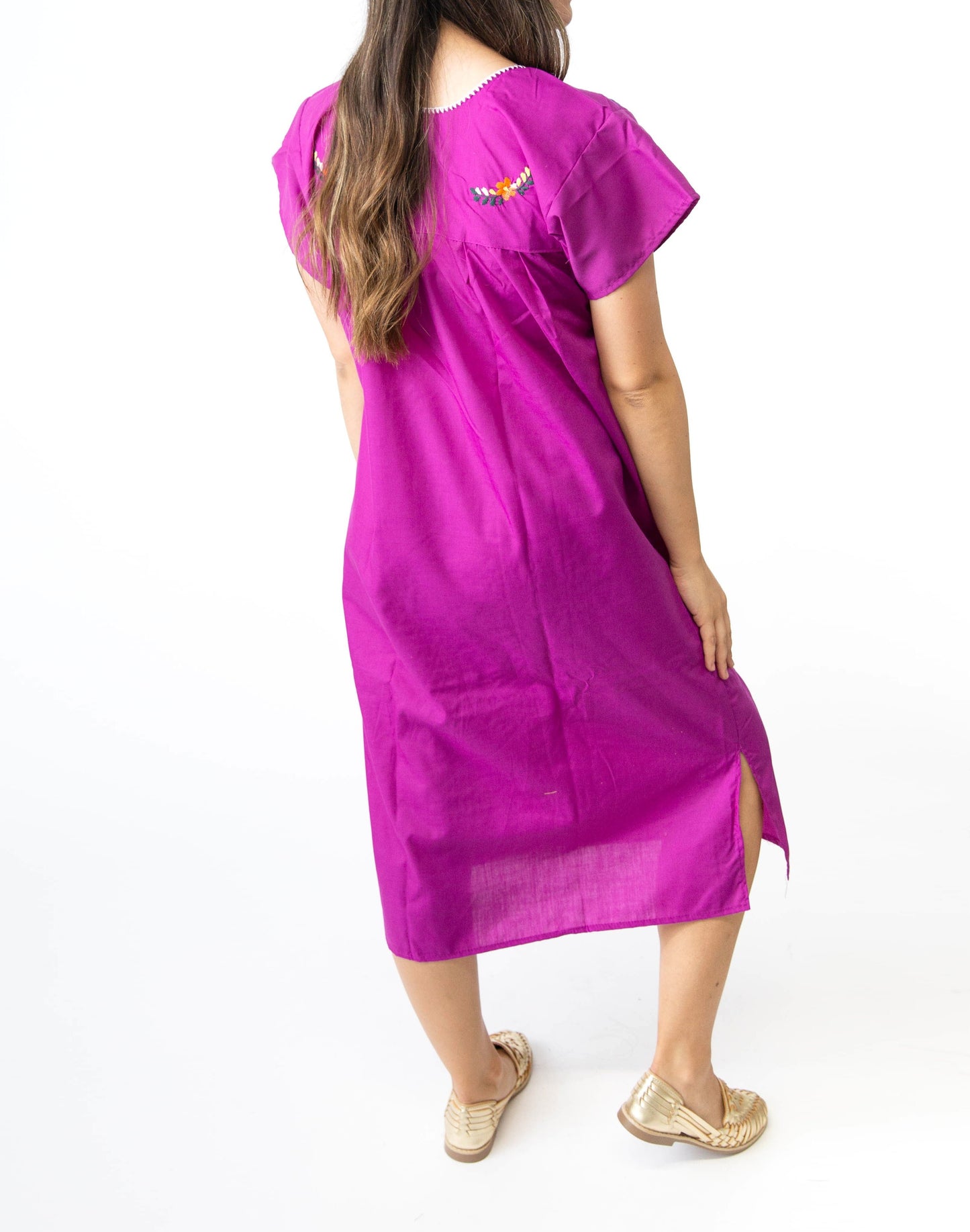 Mexican Embroidered Pueblo Dress - Magenta