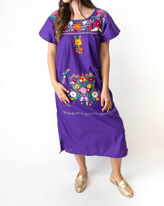 Women's Mexican embroidered dress with colorful floral stitching