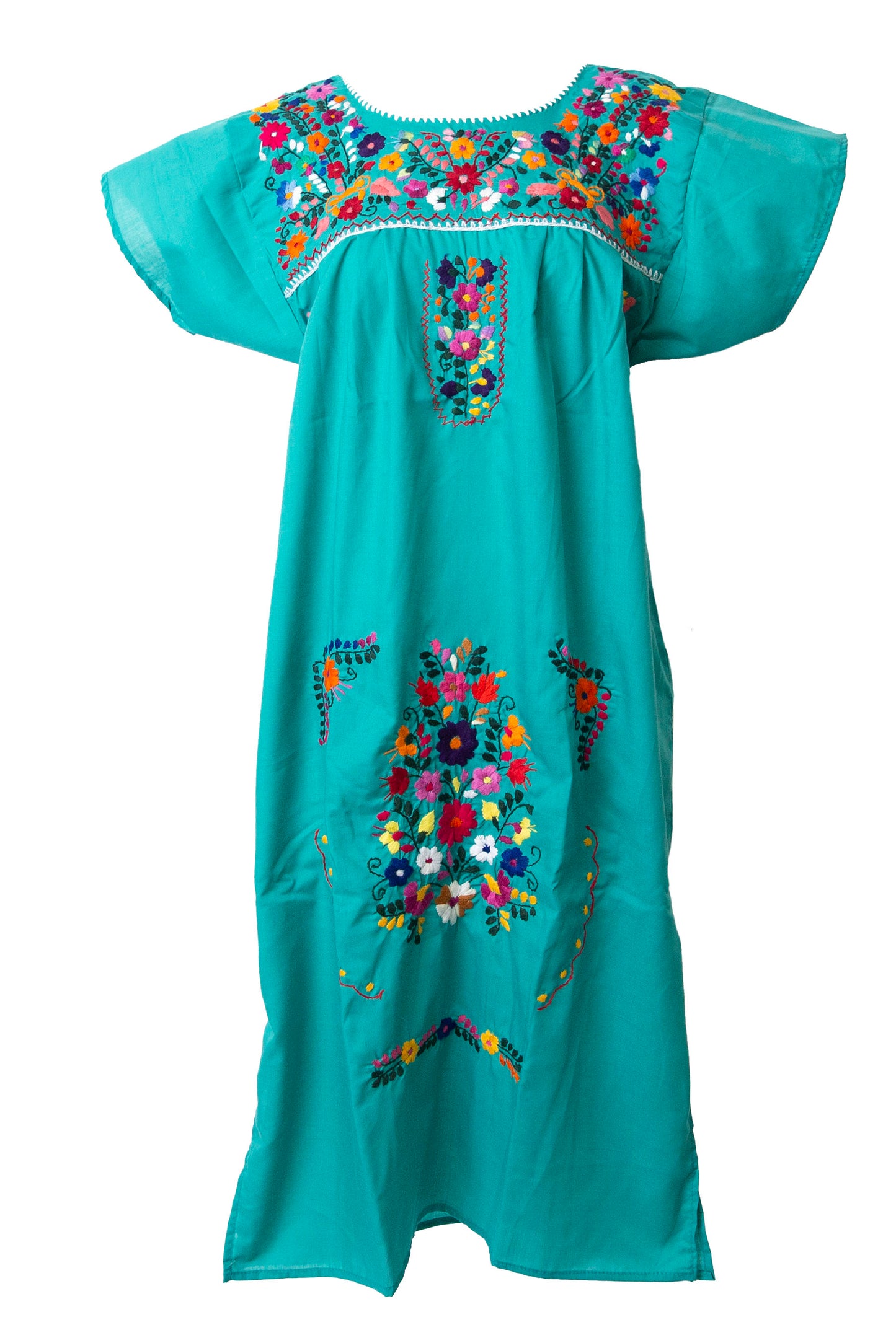 Mexican Embroidered Pueblo Dress - Teal