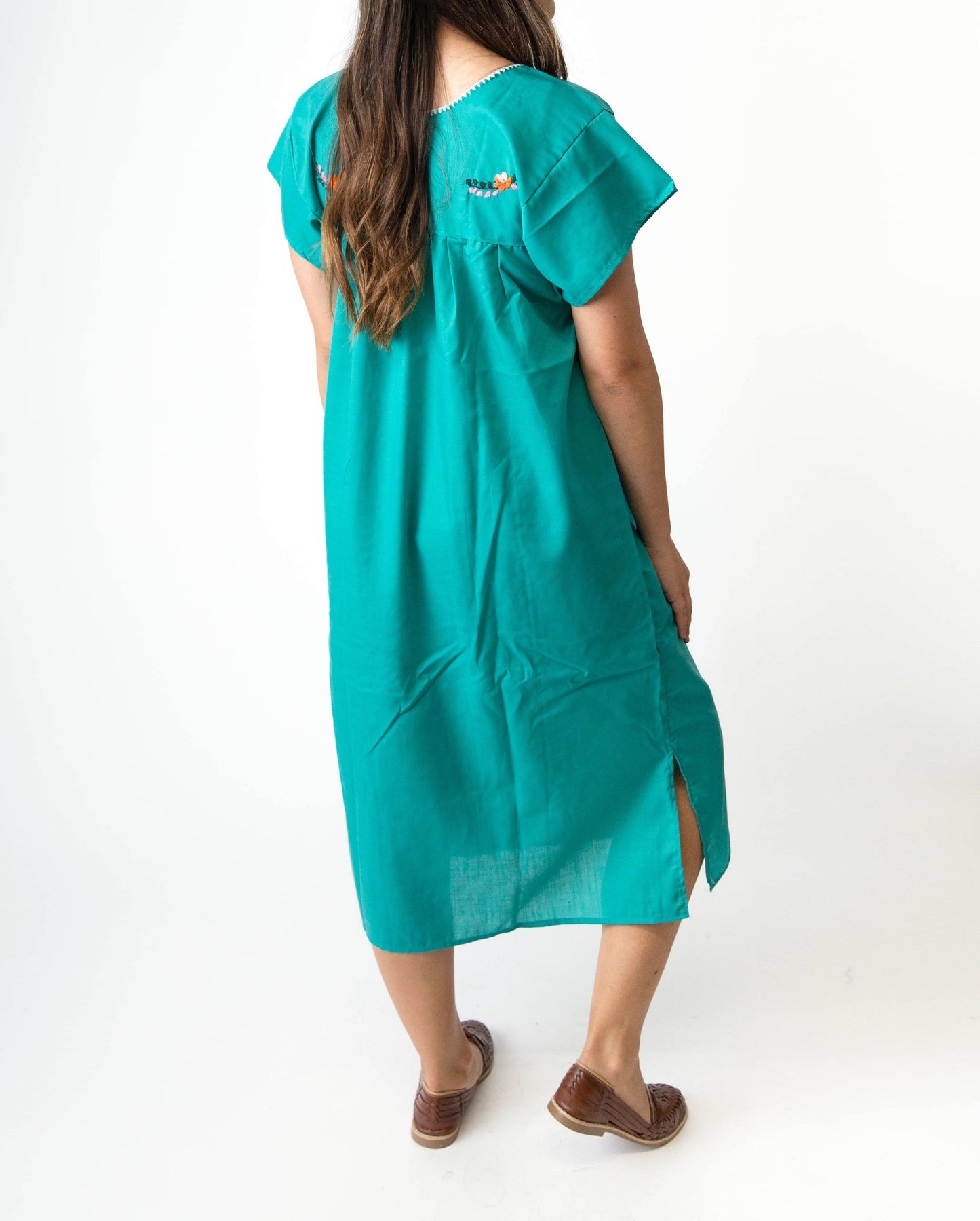 Mexican Embroidered Pueblo Dress - Teal